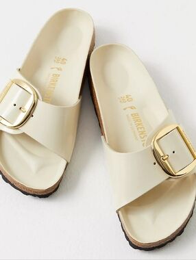 Birkenstock Madrid Big Buckle High Shine Sandals in Ecru